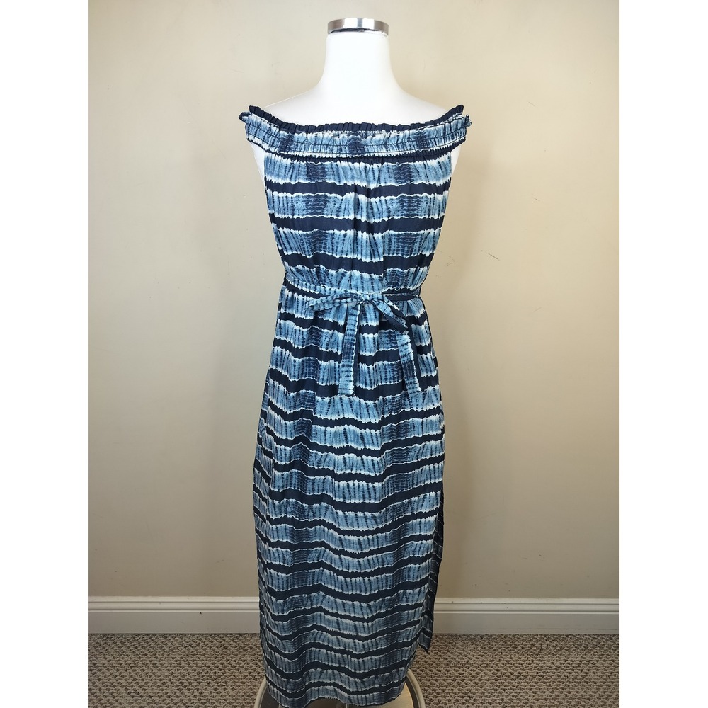 Michael Kors Tie Dye Shibori Midi Dress Medium Tie Waist Blue Cotton